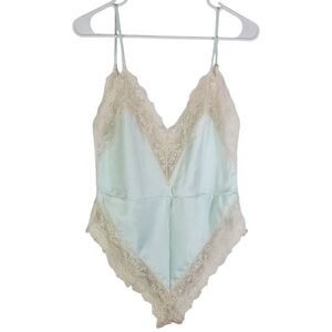 🟢1500 * Ms. Leslee Satin Lace Trim Babydoll Baby Blue White Size S Vintage